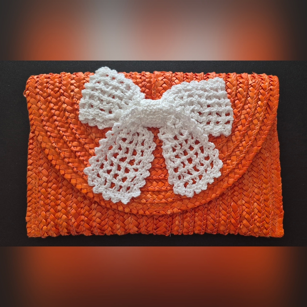 Vibrant Orange Straw Clutch with Hand-Finished Crocheted White Bow (New No Tags)